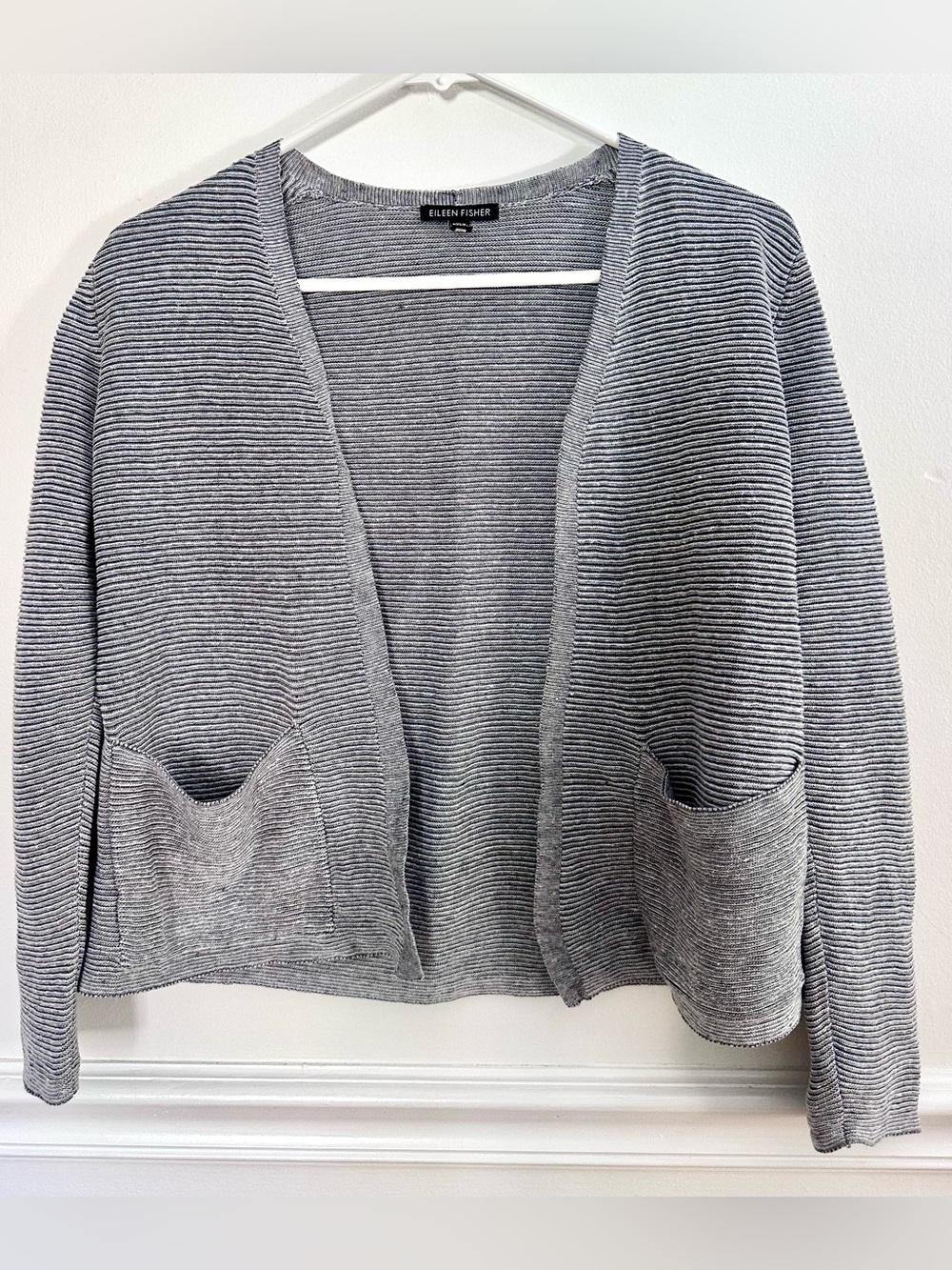 Eileen Fisher Gray XXS Knit Ribbed Open-Front Cardigan Sweater Linen Cotton